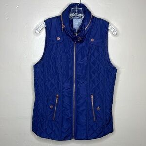 LEMON TART Quilted Vest Blue Front Rose Gold Hardware Attached Wind Breaker Hood